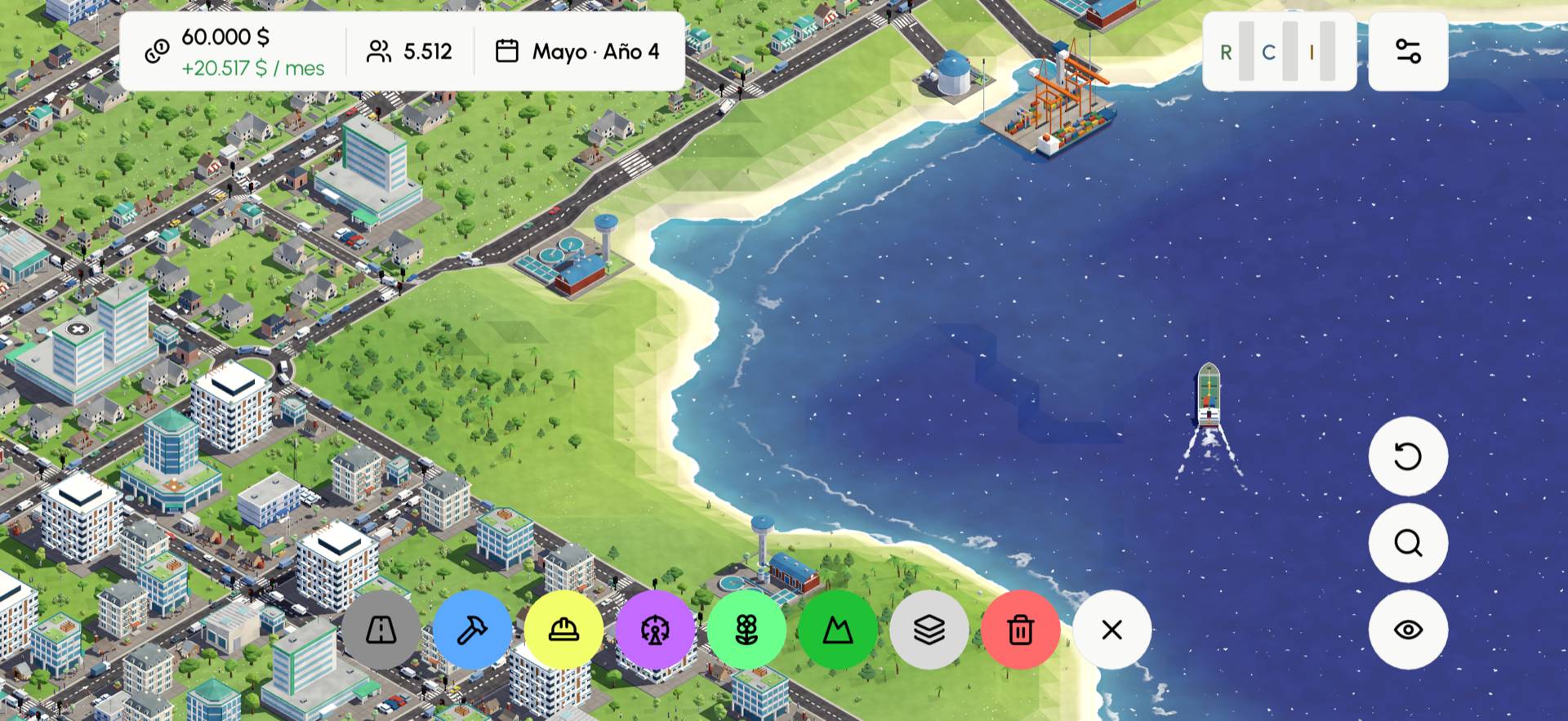 Isopolis en un móvil en horizontal: una ciudad low-poly junto a una bahía de arena, con una terminal de contenedores y un barco navegando.